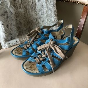 Fly London Yito blue lace up leather wedge sandals